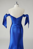 Off the Shoulder Royal Blue Ruched Satin Mermaid Prom Dress with Slit