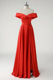 Off the Shoulder Red Satin A-Line High Waist Prom Dress with Slit