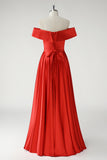 Off the Shoulder Red Satin A-Line High Waist Prom Dress with Slit