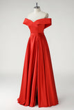 Off the Shoulder Red Satin A-Line High Waist Prom Dress with Slit