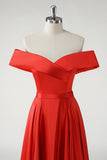 Off the Shoulder Red Satin A-Line High Waist Prom Dress with Slit