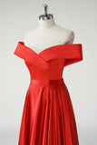 Off the Shoulder Red Satin A-Line High Waist Prom Dress with Slit