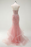 Sparkly Pink Mermaid Spaghetti Straps Corset Long Prom Dress