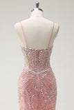 Sparkly Pink Mermaid Spaghetti Straps Corset Long Prom Dress