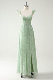 A Line Green Flower Ruffles Corset Bridesmaid Dress with Split Front