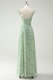 A Line Green Flower Ruffles Corset Bridesmaid Dress with Split Front