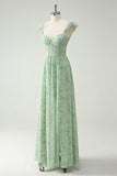 A Line Green Flower Ruffles Corset Bridesmaid Dress with Split Front