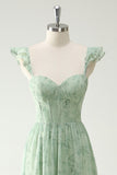 A Line Green Flower Ruffles Corset Bridesmaid Dress with Split Front