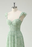 A Line Green Flower Ruffles Corset Bridesmaid Dress with Split Front