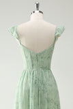 A Line Green Flower Ruffles Corset Bridesmaid Dress with Split Front