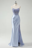 Spaghetti Straps Light Blue Beaded Satin Mermaid Prom Dress