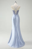 Spaghetti Straps Light Blue Beaded Satin Mermaid Prom Dress