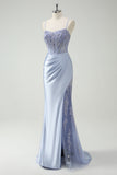 Spaghetti Straps Light Blue Beaded Satin Mermaid Prom Dress