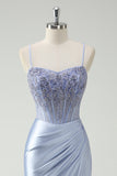 Spaghetti Straps Light Blue Beaded Satin Mermaid Prom Dress