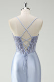 Spaghetti Straps Light Blue Beaded Satin Mermaid Prom Dress