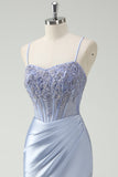 Spaghetti Straps Light Blue Beaded Satin Mermaid Prom Dress