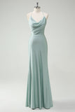 Sage Mermaid Spaghetti Straps Cowl Neck Prom Dress with Lace Up Back