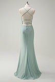 Sage Mermaid Spaghetti Straps Cowl Neck Prom Dress with Lace Up Back