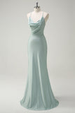 Sage Mermaid Spaghetti Straps Cowl Neck Prom Dress with Lace Up Back