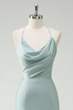 Sage Mermaid Spaghetti Straps Cowl Neck Prom Dress with Lace Up Back