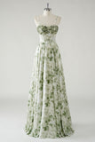 Green Flower A-Line Corset Ruffled Bridesmaid Dress