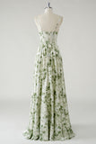 Green Flower A-Line Corset Ruffled Bridesmaid Dress