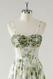 Green Flower A-Line Corset Ruffled Bridesmaid Dress