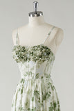 Green Flower A-Line Corset Ruffled Bridesmaid Dress