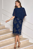 Navy Cap Sleeves Applique Sheath Mother of the Bride Dress with Wrap