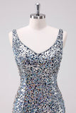 Sparkly Silver Bodycon V-Neck Short Prom Dress with Sequins