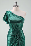 Dark Green Metallic One Shoulder Mermaid Asymmetircal Cocktail Dress with Ruffles