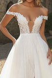 Ivory Off the Shoulder Ball Gown Wedding Dress with Lace