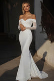 Ivory Mermaid Off the Shoulder Wedding Dress with Long Sleeves