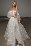 Foral Ivory A Line Lace Wedding Dress with Long Sleeves