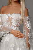 Foral Ivory A Line Lace Wedding Dress with Long Sleeves