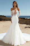 Ivory Corset Floral Long Sleeves Wedding Dress with Lace