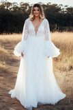 A Line Ivory Lace Deep V-Neck Maxi Wedding Dress with Long Sleeves