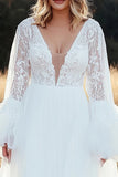 A Line Ivory Lace Deep V-Neck Maxi Wedding Dress with Long Sleeves