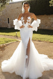 Ivory Strapless 3D Flowers Long Wedding Dress with Slit