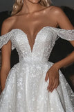 Sparkly Lace Ivory Ball Gown Off the Shoulder Wedding Dress