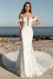 Ivory Off the Shoulder Lace Applique Sheath Wedding Dress