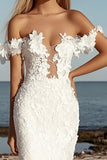 Ivory Off the Shoulder Lace Applique Sheath Wedding Dress