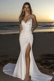 Mermaid Strapless Ivory Satin Wedding Dress with Slit