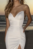 Mermaid Strapless Ivory Satin Wedding Dress with Slit