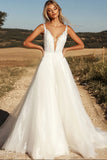 Ivory V-Neck Corset Ball Gown Wedding Dress with Lace