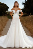 Elegant Off the Shoulder Ivory Wedding Dress with Lace