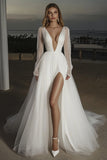 Deep V-Neck Ivory Long Sleeves Wedding Dress with Slit