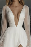 Deep V-Neck Ivory Long Sleeves Wedding Dress with Slit