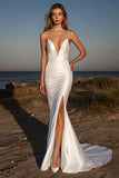 Sparkly Ivory V-Neck Long Wedding Dress with Slit