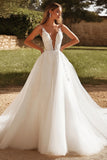 Spaghetti Straps V Neck Ball Gown Applique Ivory Tulle Wedding Dress